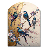 Multicolor Birds On Plum Blossoms Tree II - Asymmetric Metal Wall Art