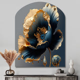 Deep Blue And Gold Single Flower IV - Asymmetric Metal Wall Art