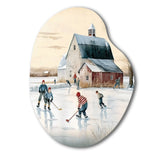 Kids Playing Hockey In Winter I - Asymmetric Metal Wall Art