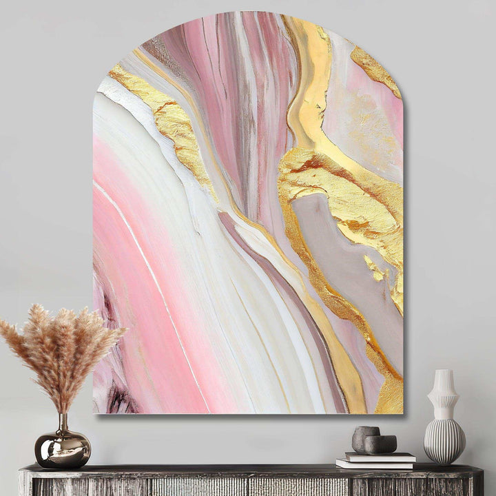 Pink And Gold Marble Abstract III - Asymmetric Metal Wall Art