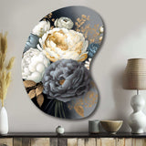 White, Blue And Grey Peony Bouquet I - Asymmetric Metal Wall Art