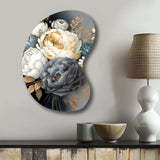 White, Blue And Grey Peony Bouquet I - Asymmetric Metal Wall Art