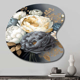 White, Blue And Grey Peony Bouquet I - Asymmetric Metal Wall Art