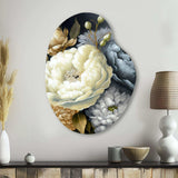 White, Blue And Grey Peony Bouquet II - Asymmetric Metal Wall Art