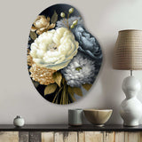 White, Blue And Grey Peony Bouquet II - Asymmetric Metal Wall Art