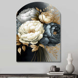 White, Blue And Grey Peony Bouquet III - Asymmetric Metal Wall Art