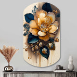 Yellow And Dark Blue Camellia Flower I - Asymmetric Metal Wall Art