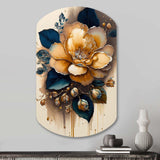 Yellow And Dark Blue Camellia Flower I - Asymmetric Metal Wall Art