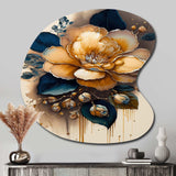 Yellow And Dark Blue Camellia Flower I - Asymmetric Metal Wall Art