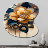 Yellow And Dark Blue Camellia Flower I - Asymmetric Metal Wall Art