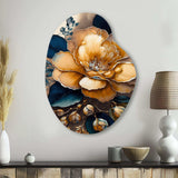 Yellow And Dark Blue Camellia Flower I - Asymmetric Metal Wall Art