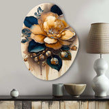 Yellow And Dark Blue Camellia Flower I - Asymmetric Metal Wall Art