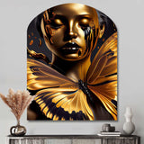 Woman With Black And Gold Butterflies V - Asymmetric Metal Wall Art