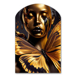 Woman With Black And Gold Butterflies V - Asymmetric Metal Wall Art