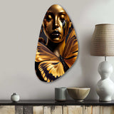 Woman With Black And Gold Butterflies V - Asymmetric Metal Wall Art