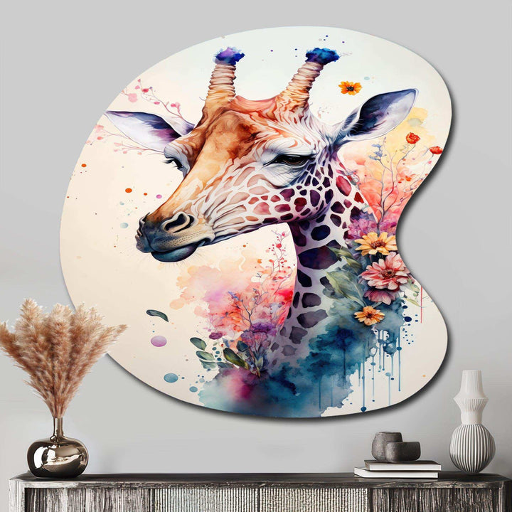 Cute Giraffe Floral Art II - Asymmetric Metal Wall Art