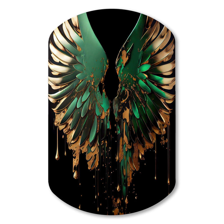 Green And Gold Angel Wings II - Asymmetric Metal Wall Art