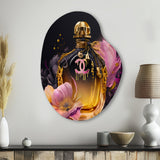 Chic Perfume Bottle With Pink Roses I - Asymmetric Metal Wall Art