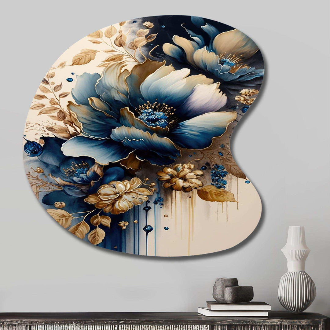 Blue And Gold Floral Bunch III - Asymmetric Metal Wall Art