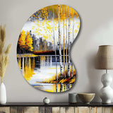 Grey And Yellow Birch Trees By The Lake I - Asymmetric Metal Wall Art