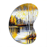 Grey And Yellow Birch Trees By The Lake I - Asymmetric Metal Wall Art