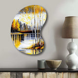 Grey And Yellow Birch Trees By The Lake I - Asymmetric Metal Wall Art