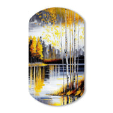 Grey And Yellow Birch Trees By The Lake I - Asymmetric Metal Wall Art