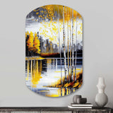 Grey And Yellow Birch Trees By The Lake I - Asymmetric Metal Wall Art