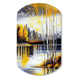 Grey And Yellow Birch Trees By The Lake I - Asymmetric Metal Wall Art