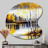 Grey And Yellow Birch Trees By The Lake I - Asymmetric Metal Wall Art