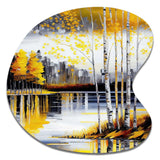 Grey And Yellow Birch Trees By The Lake I - Asymmetric Metal Wall Art