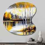 Grey And Yellow Birch Trees By The Lake I - Asymmetric Metal Wall Art