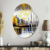 Grey And Yellow Birch Trees By The Lake I - Asymmetric Metal Wall Art