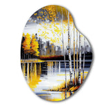 Grey And Yellow Birch Trees By The Lake I - Asymmetric Metal Wall Art