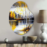 Grey And Yellow Birch Trees By The Lake I - Asymmetric Metal Wall Art