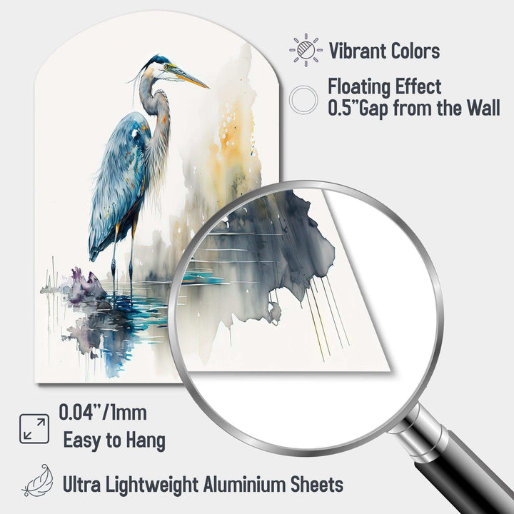 Cute Heron In A Lake Floral Art III - Asymmetric Metal Wall Art