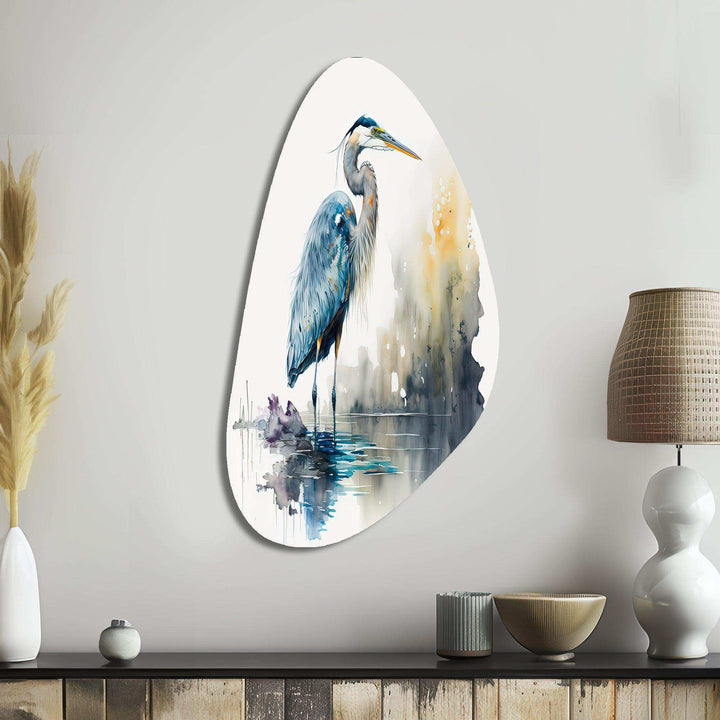 Cute Heron In A Lake Floral Art III - Asymmetric Metal Wall Art