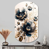 Navy Blue And Gold Poppy Flowers I - Asymmetric Metal Wall Art