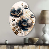 Navy Blue And Gold Poppy Flowers I - Asymmetric Metal Wall Art