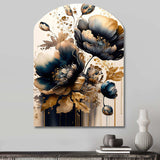 Navy Blue And Gold Poppy Flowers IV - Asymmetric Metal Wall Art