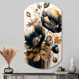 Navy Blue And Gold Poppy Flowers IV - Asymmetric Metal Wall Art