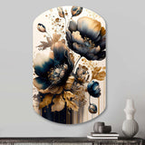 Navy Blue And Gold Poppy Flowers IV - Asymmetric Metal Wall Art