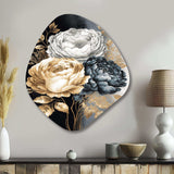 White, Gold And Black Rose Bouquet I - Asymmetric Metal Wall Art