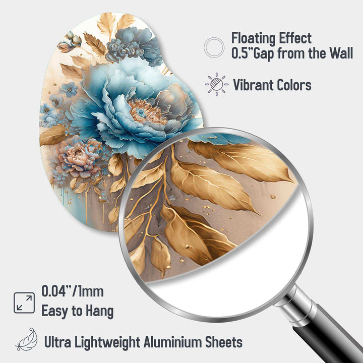 Blue And Gold Mixed Floral Bouquet II - Asymmetric Metal Wall Art