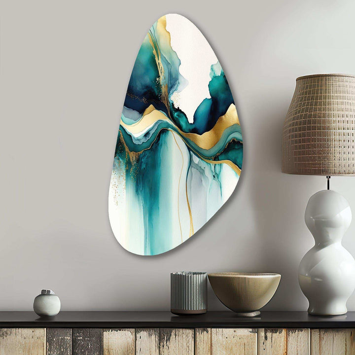 Teal And Gold Abstract Expression I - Asymmetric Metal Wall Art