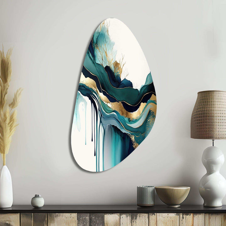 Teal And Gold Abstract Expression IV - Asymmetric Metal Wall Art