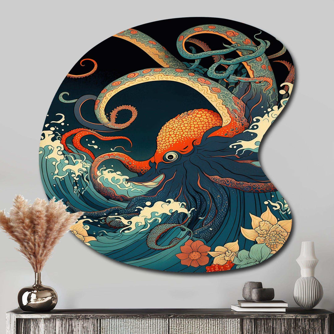 Japanese Landscape With Octopus V - Asymmetric Metal Wall Art