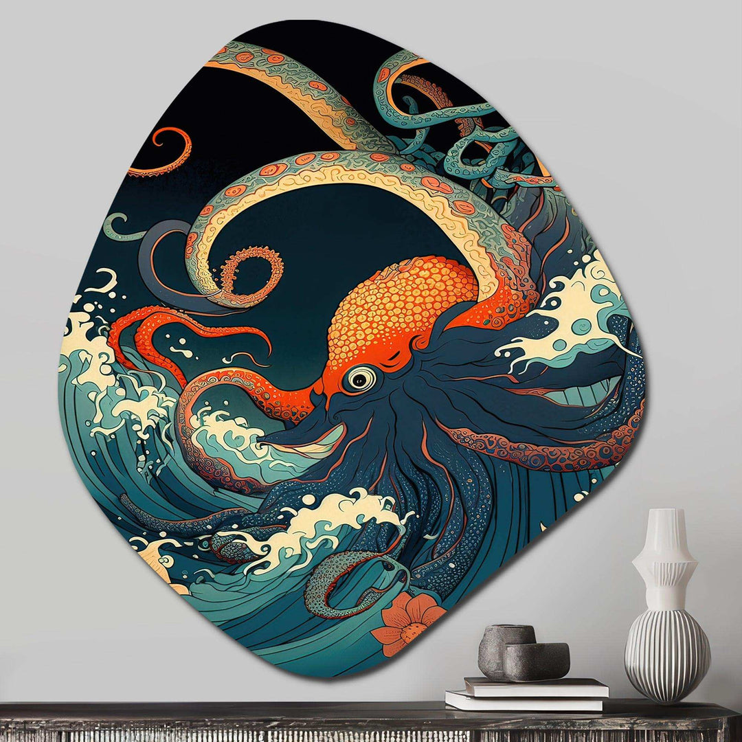 Japanese Landscape With Octopus V - Asymmetric Metal Wall Art