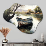 Fishing Boat In The River - Asymmetric Metal Wall Art