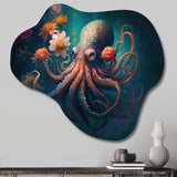 Octopus In The Ocean With Flowers III - Asymmetric Metal Wall Art